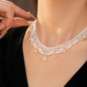 Vintage lace beaded choker necklace with elegant glass teardrop pendants for women