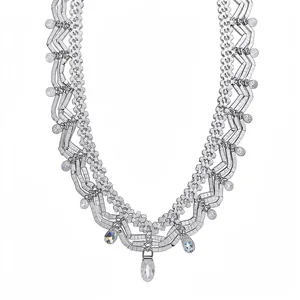 Vintage style silver beaded lace necklace with teardrop glass pendants accessory