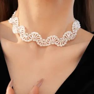 Elegant white beaded lace choker necklace with rhinestones in retro palace style