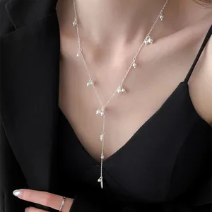 French Luxury Y-Shaped Gypsophila Artificial Pearl Necklace For Women Alloy Silver Plated Clavicle Chain Elegant Tassel Jewelry
