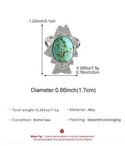 Detailed dimensions and weight chart for the vintage fish turquoise alloy ring.