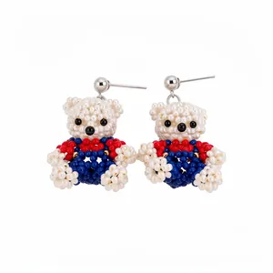 Exquisite handcrafted beaded bear drop earrings in red, white and blue nautical theme