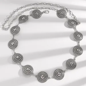 Ethnic style silver metal waist chain belt with engraved medallions for women's dresses