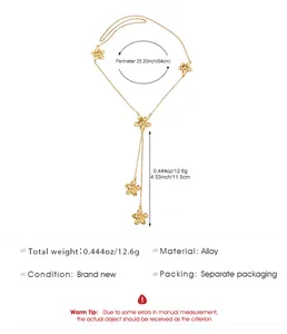 Technical detail of gold flower Y-shaped necklace with dimensions and material info
