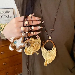 Handgefertigte Gewebte Papierstroh Anhänger Halskette Damen Holzperlen Lederschnur Böhmische Strandurlaub Pullover Kette Schmuck