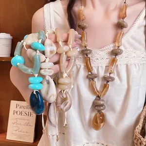 Bohemian Beach Vacation Acrylic Necklace Handmade Marble Pattern Geometric Beads Leather Cord Statement Pendant Necklace For Women