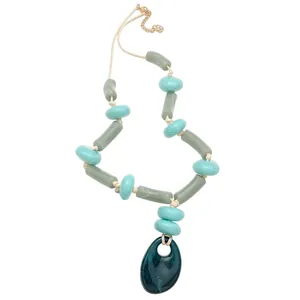 Bohemian acrylic bead necklace with large dark green oval pendant and leather cord