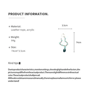 Product information for acrylic necklace with leather rope and 74cm size details.