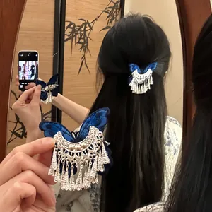 Vintage Butterfly Tassel Hair Clip For Women Silver Plated Iron Embroidery Hollow Design Duckbill Clip Ethnic Hair Accessory