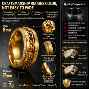 8mm vergulde roestvrijstalen spinner ring voor heren met een draaibare ketting ontwerp
