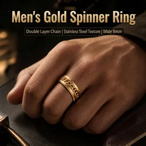 Men's gold-tone stainless steel spinning ring featuring an 8mm wide double layer chain design