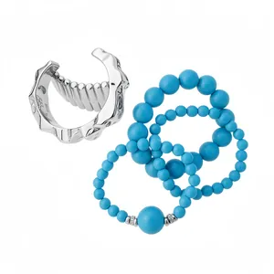 Bohemian style silver wavy metal cuff and blue acrylic beaded bracelet jewelry set