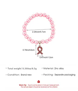 Détail du bracelet pendentif ruban rose avec perles synthétiques et liste de mesures