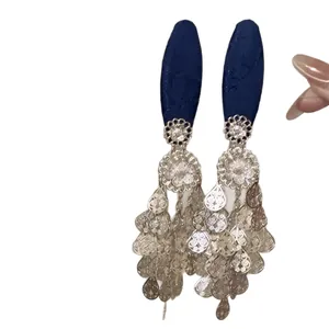 Vintage New Chinese style floral fabric hair clip with elegant silver tassel dangles