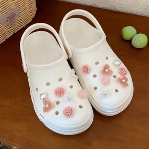Exquisite set of romantic pink resin flower and pearl shoe charms for white clogs summer decor
