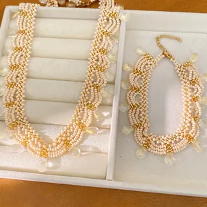 Palace Style Vintage Glass Bead Beaded Lace Necklace Bracelet Jewelry Set For Women Elegant Clavicle Chain Water Drop Pendant