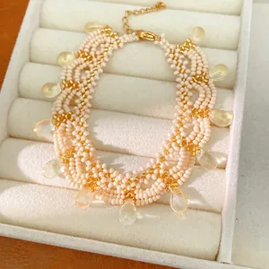 Vintage handmade beaded lace choker necklace featuring clear glass teardrop pendants