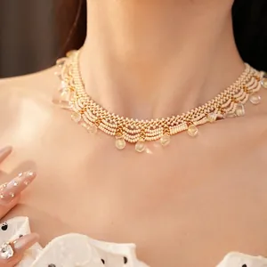Vintage beaded lace necklace with teardrop glass pendants, elegant choker style
