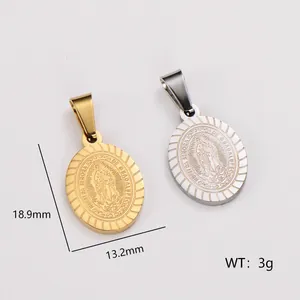 Detail of stainless steel Virgin of Guadalupe pendants in gold and silver finish