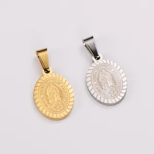 Close-up detail of stainless steel Virgin Mary pendants in gold and silver finish