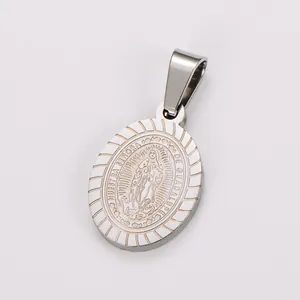 Macro detail of oval stainless steel pendant featuring engraved Our Lady of Guadalupe