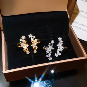 Dettaglio di orecchini a clip a forma di stella dorati e argentati con zirconi in box