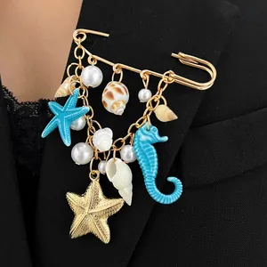 Ocean Theme Starfish Seahorse Shell Tassel Safety Pin Brooch Iron Alloy Artificial Pearl Vacation Jewelry For Women