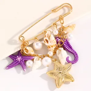 Close-up of ocean-themed brooch with starfish, seahorse, and seashell charms