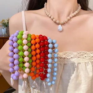 Bohemian style colorful acrylic pearl beaded necklace and bracelet set with teardrop pendant
