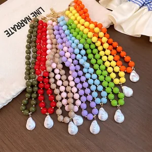 Elegant colorful acrylic bead necklace set featuring baroque style pearl pendants for women