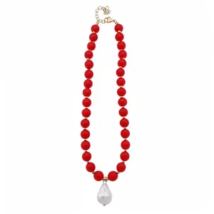 Fashionable red acrylic bead necklace with a large white baroque pearl pendant for women