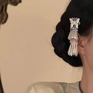 Gros plan détaillé d'une pince à cheveux papillon argentée avec des glands longs
