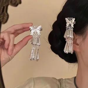 Détail d'une pince à cheveux papillon en métal argenté avec de longs glands sur les cheveux