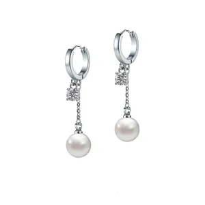 Exquisite silver-colored hoop earrings with dangling zircon and white pearl accents