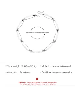 Especificaciones detalladas del collar de imperdible y perla de imitación con peso y material