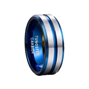 Classic 8mm blue and silver tungsten carbide ring with brushed finish for men