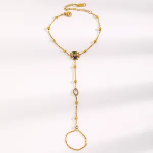 Bracelet de doigt en chaîne à billes en acier inoxydable doré avec croix colorée