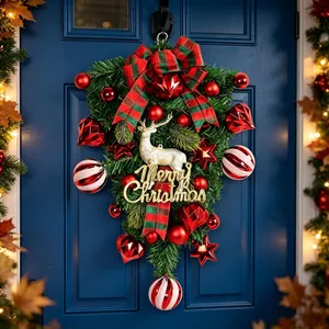 Christmas Teardrop Swag Wreath Artificial Pine White Reindeer Red Plaid Bow Merry Christmas Sign Wall Hanging Decor