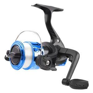Blue and black spinning fishing reel pre-spooled with nylon line on a white background