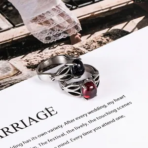 Vintage stainless steel rings with elegant red and blue faux gemstones for women