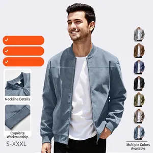 Men Bomber Jacket Vintage Faux Suede Zipper Up Stand Collar Casual Slim Fit Long Sleeve Ribbed Outerwear Coat