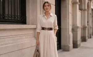 Close-up of a stylish wide elastic belt with a gold square buckle on a beige dress.