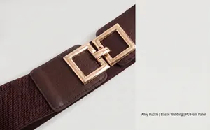 Close-up of brown wide elastic belt with gold-toned rectangular alloy buckle