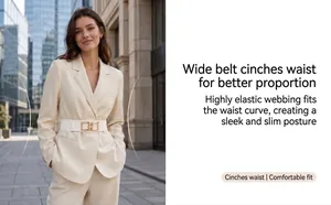 Model wearing white wide elastic belt with square gold buckle over cream blazer suit