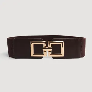 Macro view of brown elastic waist belt featuring a decorative gold interlocking square buckle