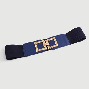 Detailed macro view of navy blue elastic waist belt with polished gold square buckle