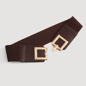 Detail of wide elastic waist belt with elegant gold square interlocking buckle