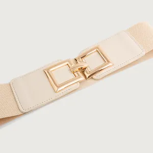 Macro view of elegant cream elastic waist belt featuring a golden square buckle