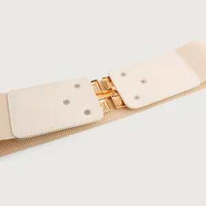 Macro view of a cream elastic waist belt featuring a gold square buckle and rivet accents