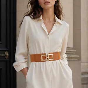 Women Fashion Elastic Wide Belt With Gold Square Interlocking Buckle High Stretch Waist Cinch Corset Belt For Dresses Coats
